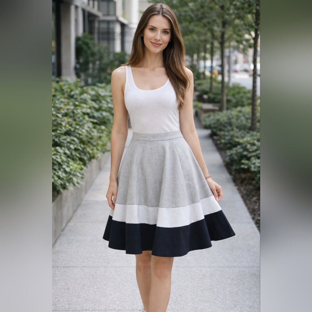 Amanda Chelsea Skirt Size 4 Gray White Navy Colorblock A-Line Flare Knee Length